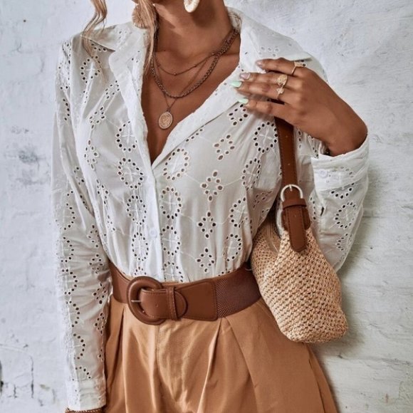 Embroiderd Button Down Blouse top white - Picture 6 of 6